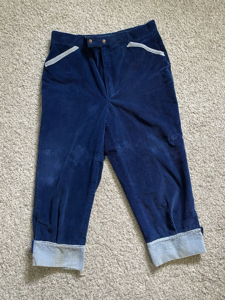 1950's Vtg Blue Corduroy Mens Pants Clam Diggers Workwear Pants 34” Waist 50s - Image 1 of 4