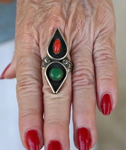 Anillo Navajo Largo 1.75" Esterlina, Coral y Turquesa Verde Talla 7-ca 1960-9 gramos - Imagen 1 de 10