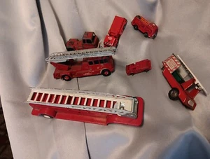 Vtg Tin Toy tootsie Toy Maisto Tonka Lesney Red Fire Dept Trucks, Trailer Lot  - Picture 1 of 24