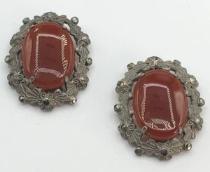 Set of Vintage Art Deco Pot Metal Carmel Glass Marcasite Dress Clips Fur Clips - Picture 1 of 7