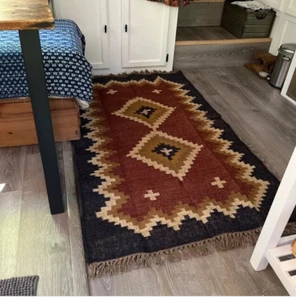 Rug Wool Jute Accent Rug Traditional Kilim Rug Geometric Kilim Handmade Rug - Picture 1 of 8