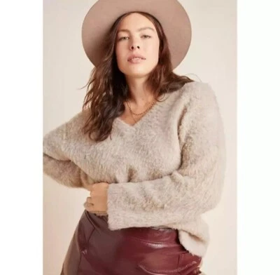 Anthropologie Maeve Sweater Medium Tan Plush V-Neck NEW NWT - Image 1 of 4
