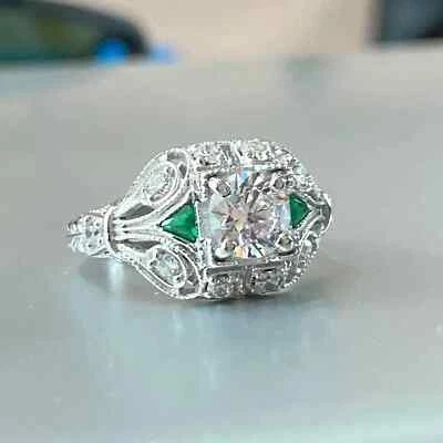 Art Deco Style Round Lab Created Diamond Emerald 14K White Gold FN Wedding Ring - Image 1 of 4