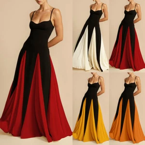 Women Sexy Sleeveless Colorblock Maxi Dress Ladies Slim Fit Party Gowns Cocktail - Picture 1 of 32