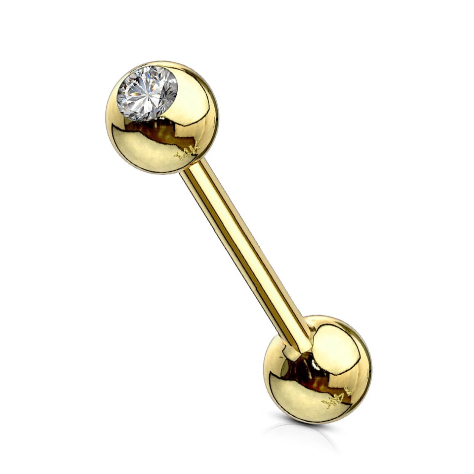 Straight Barbell Tongue Ring 14k Solid Yellow Gold with Clear CZ 14ga 16mm - Image 1 of 1
