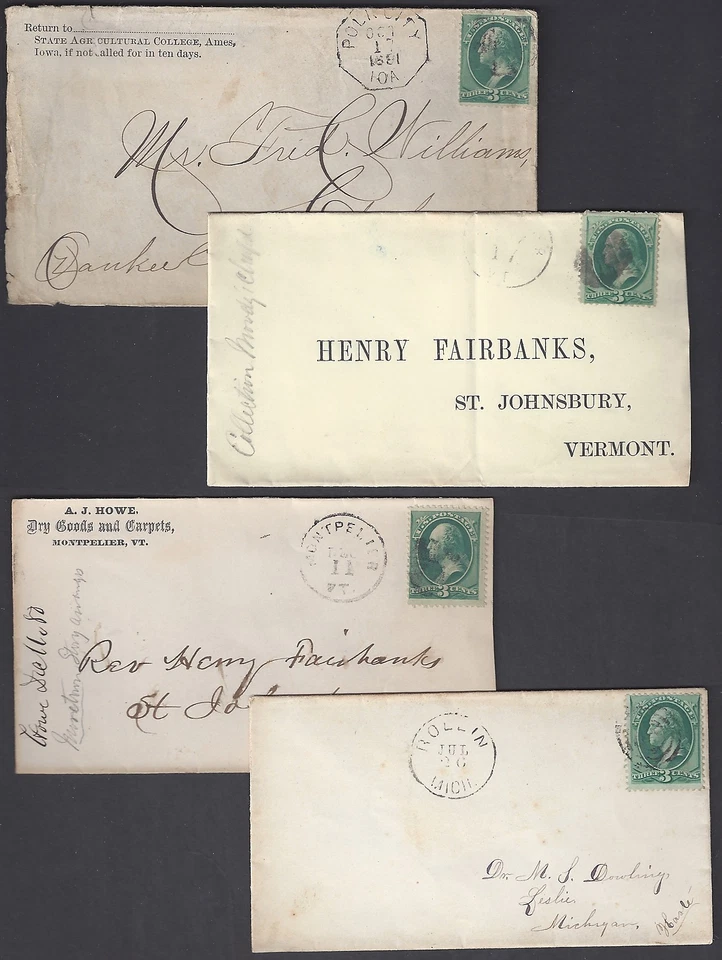 US 1880s COLLECTION OF SIX COVERS W/3¢ WASH DIFF ISSUES INCLUDES 2 COVERS TO HEN - Image 1 of 2