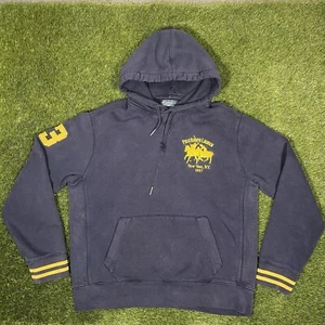 Vtg Polo Ralph Lauren Hoodie Pullover Jumper New York Mens L Blue Big Pony Rugby - Picture 1 of 14