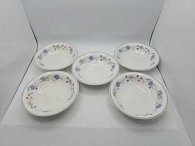 Juego de 5 cuencos de gres Oneida AVA blanco azul púrpura flores banda verde Foto 1 de 4