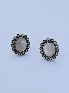 Vintage Mother Of Pearl & Marcasite Cluster Sterling Silver Stud Earrings - Picture 1 of 5