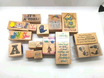 Lote de 18 estampillas de madera/caucho, cumpleaños de bebé escolar aleatorio Foto 1 de 4