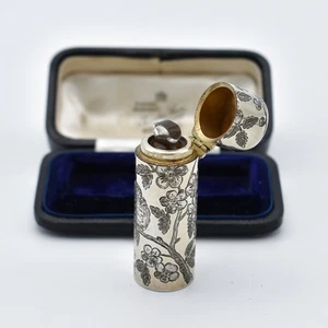 Victorian Sterling Silver Gilt Scent Bottle 1882 Engraved Floral Birds 1885 - Picture 1 of 13