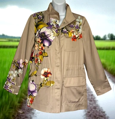 Chico's Satin Utility Floral Jacket Small Sz 4 (Chicos 0) Buttercream New Lined - Image 1 of 4
