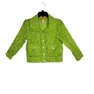 Ruby Rd Petite Sheer Lime Animal print button up long sleeve jacket SZ 4P pocket - Image 1 of 4