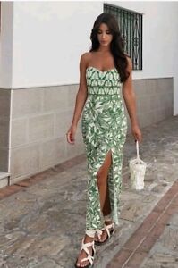 Zara Printed Strapless Midi Dress 2587/156 Ecru & Green Leaf Pattern slit NWT S