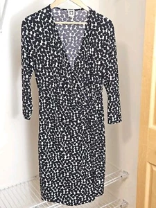 Anne Klein Damen XL Faux Wickel Tupfen Langarm schwarz weiß V-Ausschnitt Kleid - Bild 1 von 8