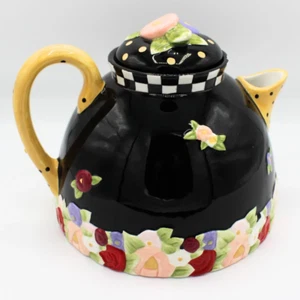 Tetera vintage Mary Engelbreit cerámica cabaña rosa negro blanco diseño a cuadros - Imagen 1 de 7