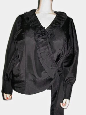 Agora~Blusa de Noche Negra Satinada 1X Pajarita Faja Envoltura Plisada Cuello en V Foto 1 de 4