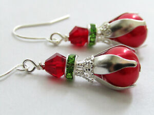 Glass Pearl Green Flower Crystal Christmas Holiday Suitable Earrings Silver Red
