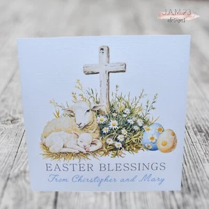 Personalised Easter Blessings Card Religious Cross Spring Lambs Egg Scene - Picture 1 of 8
