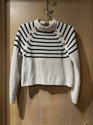 Womens H&M Stripe White Blue Nautical Gold Button Sweater XXS - Image 1 of 4