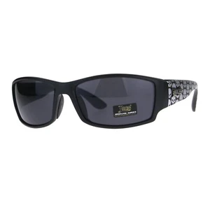 Locs Sunglasses Mens Oval Rectangular Wrap Matte Black Silver Skull Print - Picture 1 of 4