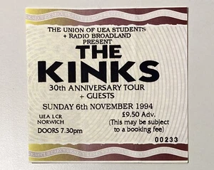 The Kinks 1994 Norwich U.K. Concert Ticket - Imagen 1 de 2