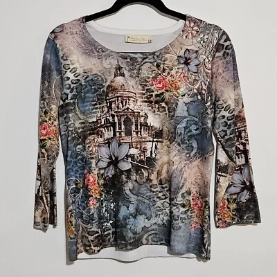 Impulse California Womens Blouse Size M All Over Print Graphic Floral Whimsy - Image 1 of 4