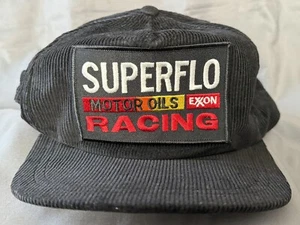 NEW VINTAGE 90S BLACK CORDUROY EXXON SUPERFLO RACING MOTOR OILS SNAPBACK CAP HAT - Picture 1 of 4