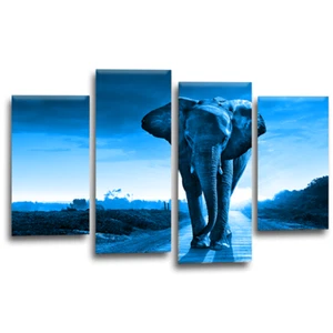 Large Elephant Wall Art Print Blue Grey Sunset Framed Canvas Split Picture - Picture 1 of 6