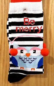 Kim Black-Multi Striped Owl Novelty Christmas Socks w/Pom Pom