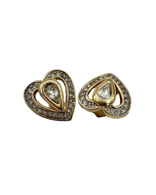 Aretes Vintage de Latón Corazón Dorado con Cristales y Centro en Corte Lágrima - Imagen 1 de 4