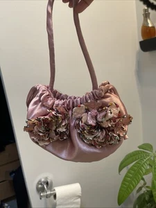 Pink Satin Evening Handbag with Beaded 3D Flowers Drawstring Closure Purse - Picture 1 of 5