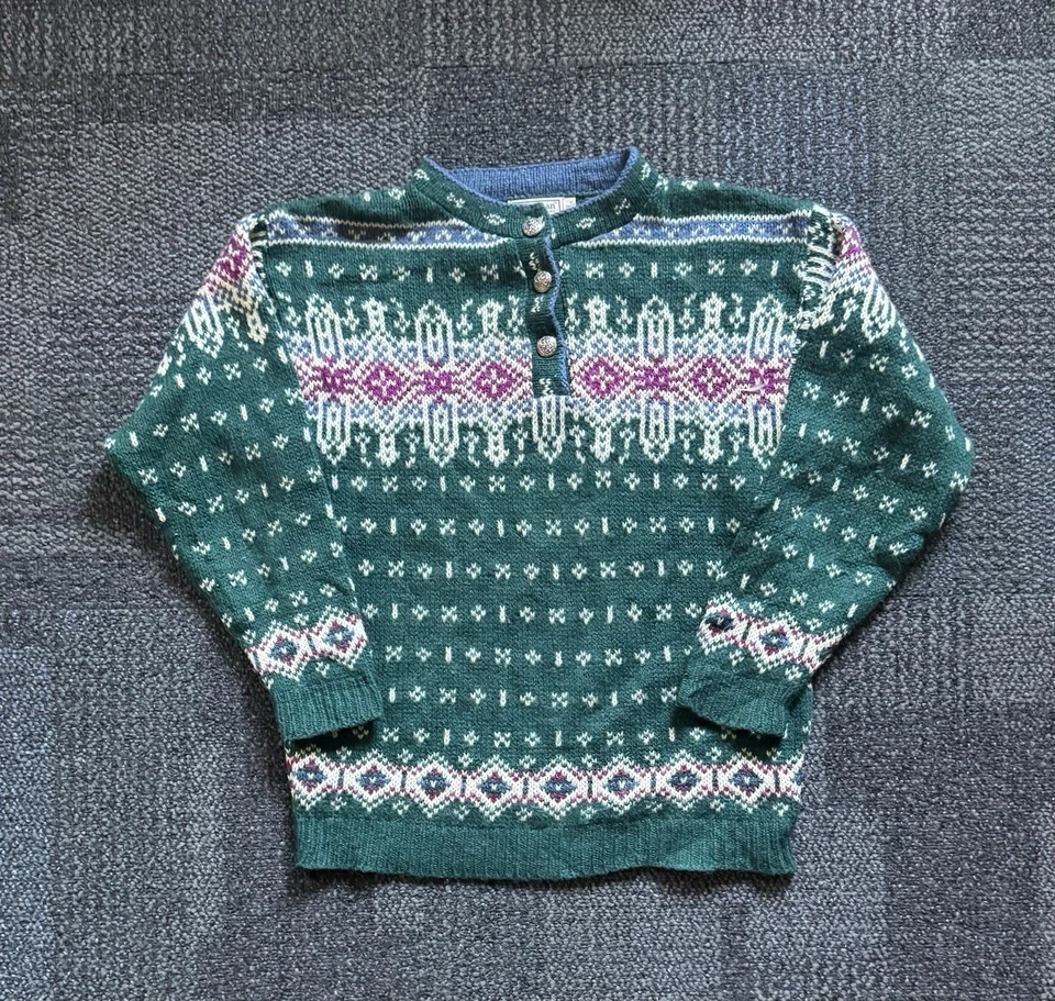 Vintage L.L. Suéter de Lana Bean Nordic Fair Isle Cuello Abotonado Verde Pequeño EE. UU. Foto 1 de 4