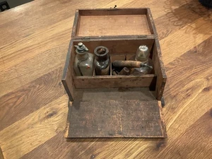 Antique Wood Flemish Tool Box w Antique Inkwells & Pyrography Tools - Picture 1 of 9
