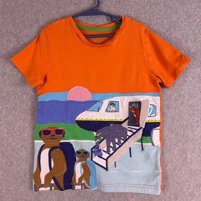 Mini Boden T-Shirt Boy's 7/8Y Orange Airplane Animals Appliqué Novelty Casual - Image 1 of 4