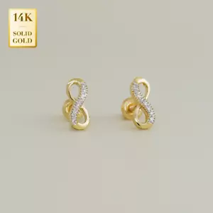 Aretes infinitos de diamantes reales de oro macizo de 14K para bebé, micropavé natural - Imagen 1 de 5