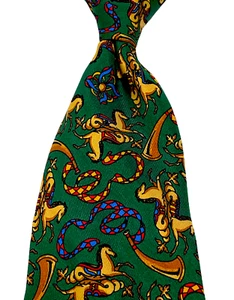 Salvatore Ferragamo Green Silk Neck Tie Baroque Horses Hunt Horns ITALY - Picture 1 of 7