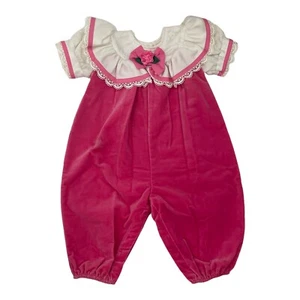 Vintage 80s Isababies Infant Pink Velvet Romper White Ruffle Lace 9 Months Baby - Picture 1 of 12