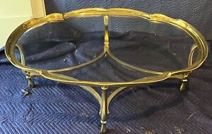 Hollywood Regency Oval Brass and Glass Scalloped  Top Coffee Table Labarge Style