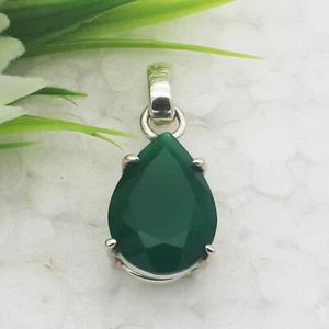 925 Sterling Silver Green Onyx Necklace Handmade Gemstone Jewelry Free Chain - Picture 1 of 5