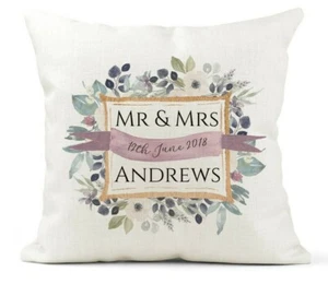  Personalised Cushion. Wedding Gift/Anniversary.Mr & Mrs Keepsake/Floral Gold  - Picture 1 of 5