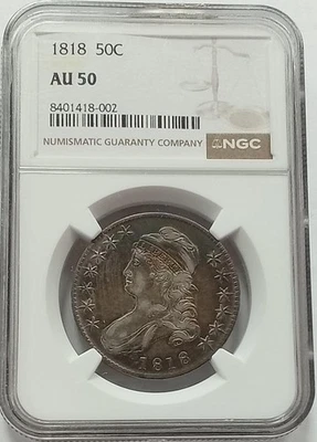 1818 Capped Bust Half Dollar NGC AU 50 Color Coin Blue Purple & Carmel - Image 1 of 3