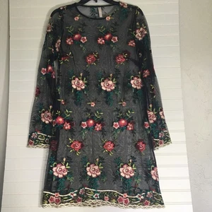Xhilaration Ladies Black Floral Embroidered Mesh Overlay Shift Dress Size XS - Picture 1 of 9