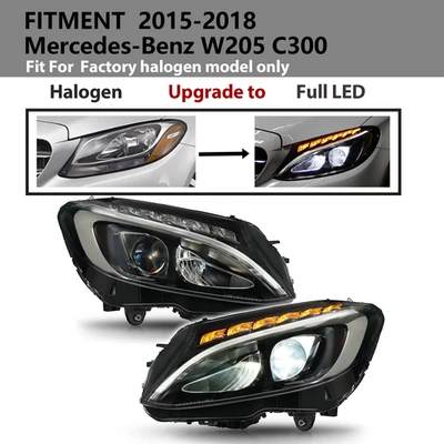 Halogen Upgrade Full LED For 2015-2018 Mercedes-Benz W205 C300 Headlight Pair - Image 1 of 4