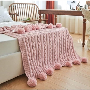 Chunky Knit Pink Chenille Throw Blanket w/ Pom Poms 50x60 Cozy, Sofa, Couch, Bed - Picture 1 of 8
