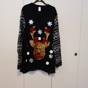 Holiday Time Womens Ugly Christmas Sweater Reindeer Sequins Pom Pom Size 3X - Picture 1 of 6