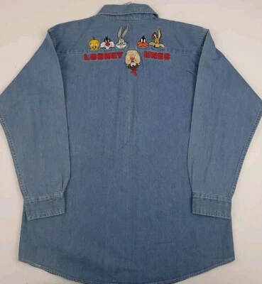 Vintage 90s Looney Tunes Warner Bros Embroidered Denim Blue Jean Shirt NWT READ - Image 1 of 4