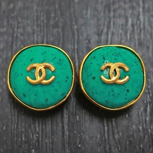 CHANEL Gold Plated CC Logos Blue Green Stone Vintage Clip Earrings #561c Rise-on - Picture 1 of 7