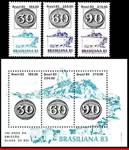 1871-74 BRAZIL 1983 BRASILIANA, BULL'S-EYE, STAMP ON STAMP, S/S AND SET MNH - Picture 1 of 5