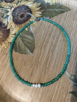 Aventurine Bead Choker Fresh Water Pearls Necklace layering HANDMADE Y2K Choker - Image 1 of 4